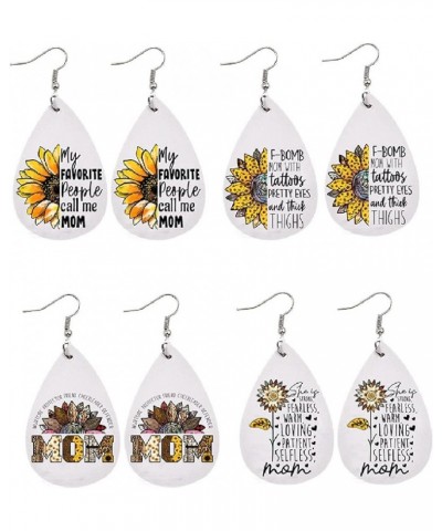 4PCS Mother's Day Faux Leather Dangle Earrings Cute Rainbow MAMA Bear Sunflower Leopard Double-Sided Print Teardrop Dangle Ea...