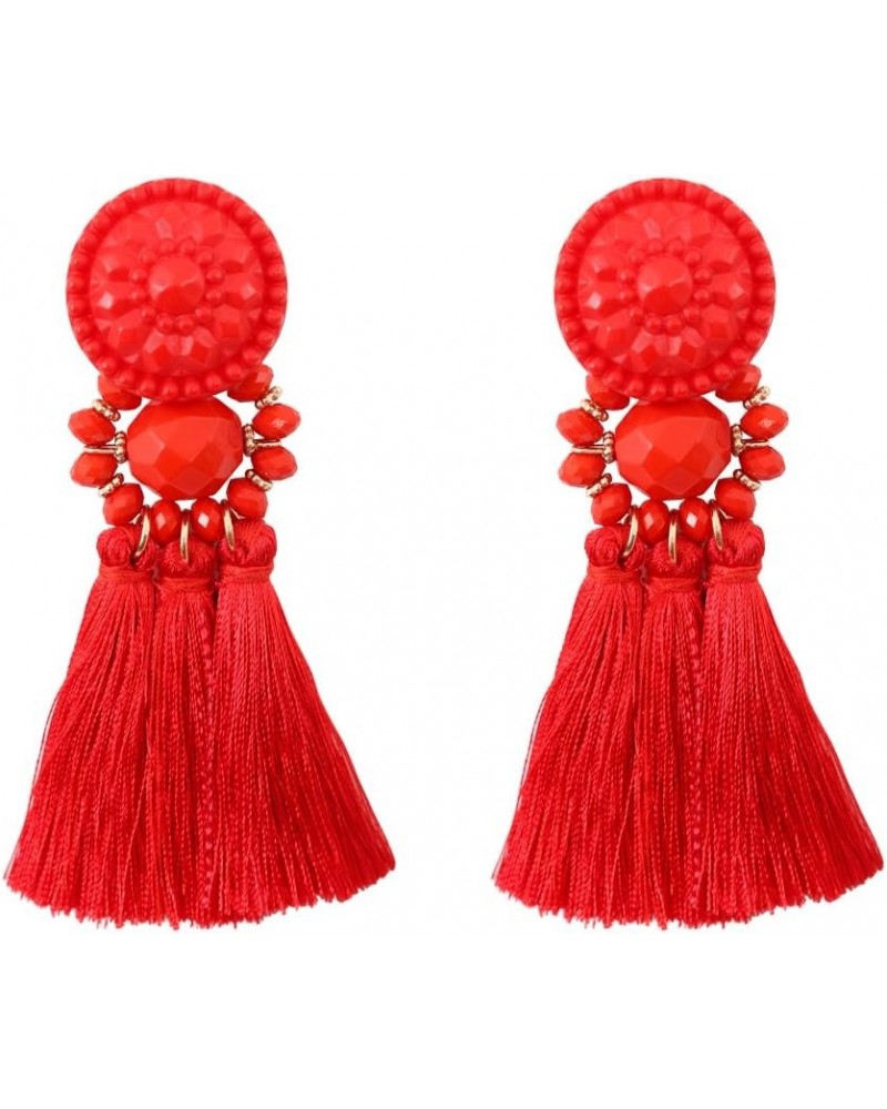 Bohemian Statement Thread Tassel Chandelier Drop Dangle Earrings with Cassandra Button Stud Red $7.79 Earrings