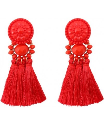 Bohemian Statement Thread Tassel Chandelier Drop Dangle Earrings with Cassandra Button Stud Red $7.79 Earrings