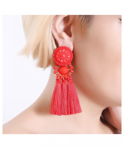 Bohemian Statement Thread Tassel Chandelier Drop Dangle Earrings with Cassandra Button Stud Red $7.79 Earrings