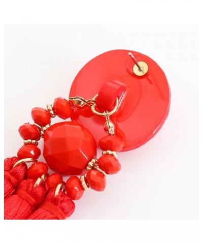 Bohemian Statement Thread Tassel Chandelier Drop Dangle Earrings with Cassandra Button Stud Red $7.79 Earrings