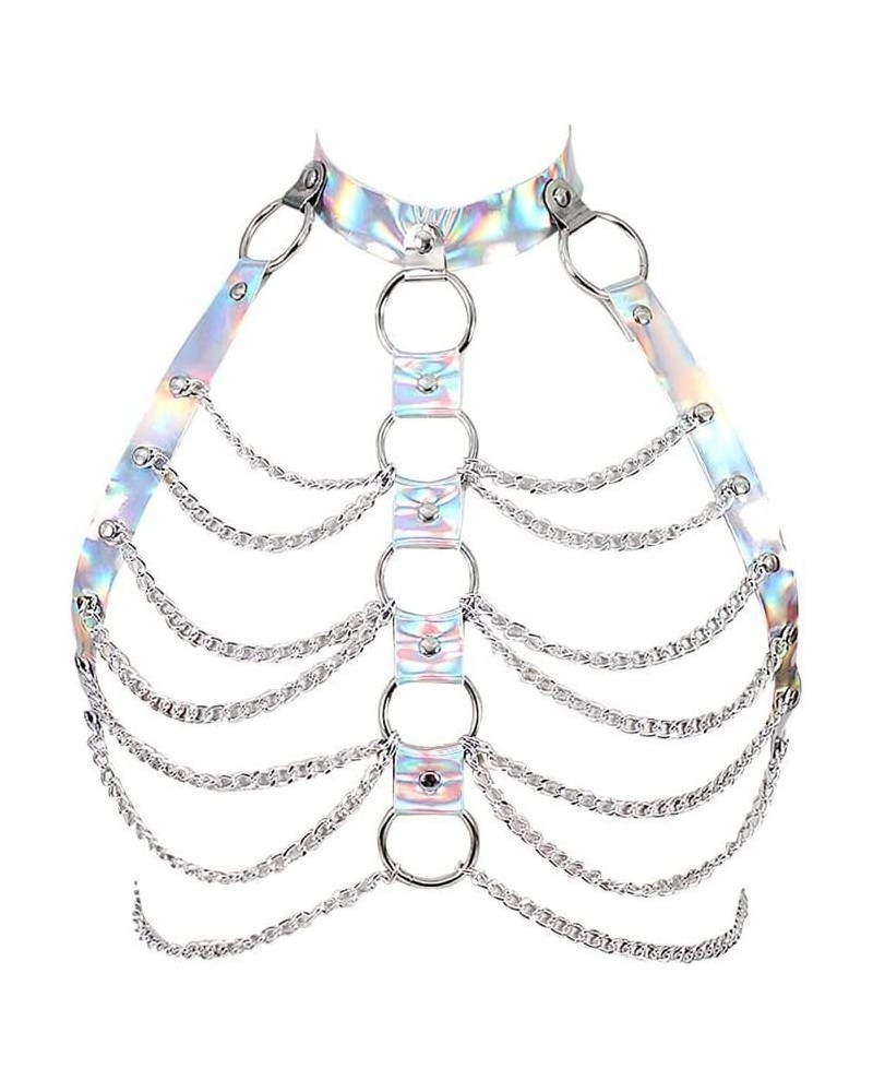 Laser Dazzle Punk Leather Body Chain Belt Leather Chest Chain Shoulder Bra Harness Chain Body for Women and Girls Silver $5.3...