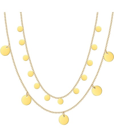 14K Gold Plated Layered Coin Pendant Necklace Dainty Gold Stainless Steel Bead Chain for Women and Girls Jewelry Double Coin ...