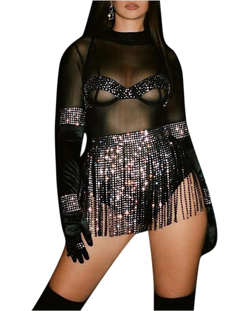 Women Sexy Rave Glitter Rhinestone Tassel Body Chains Skirt Waist Belt Jewelry for Party Festival Dance Nightclub Black Diamo...