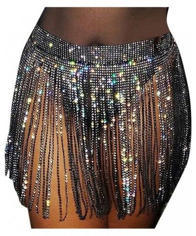 Women Sexy Rave Glitter Rhinestone Tassel Body Chains Skirt Waist Belt Jewelry for Party Festival Dance Nightclub Black Diamo...