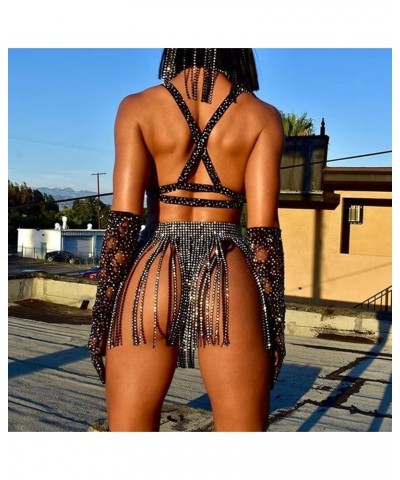 Women Sexy Rave Glitter Rhinestone Tassel Body Chains Skirt Waist Belt Jewelry for Party Festival Dance Nightclub Black Diamo...