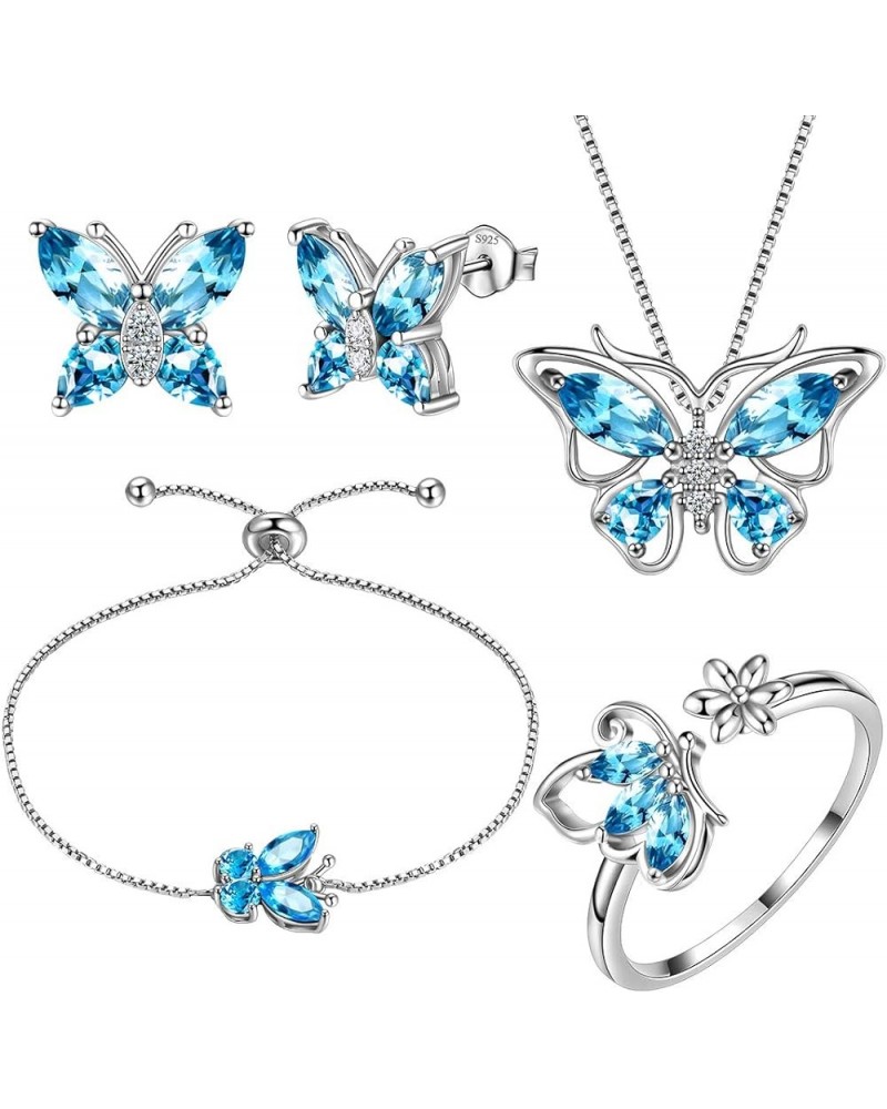 Butterfly Jewelry,Women 925 Sterling Silver Butterflies Birthstone Pendant Necklace/Earrings/Rings Wedding Gift C.March-set 3...