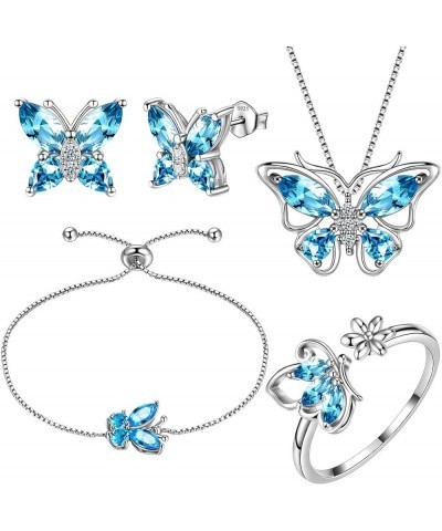 Butterfly Jewelry,Women 925 Sterling Silver Butterflies Birthstone Pendant Necklace/Earrings/Rings Wedding Gift C.March-set 3...