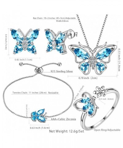 Butterfly Jewelry,Women 925 Sterling Silver Butterflies Birthstone Pendant Necklace/Earrings/Rings Wedding Gift C.March-set 3...