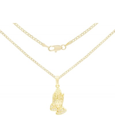 BEBERLINI Folded Praying Hands Cubic Zirconia Pendant 14K Gold Filled Box Rope Cuban Link Chain Necklace Set CZ Charm Lobster...