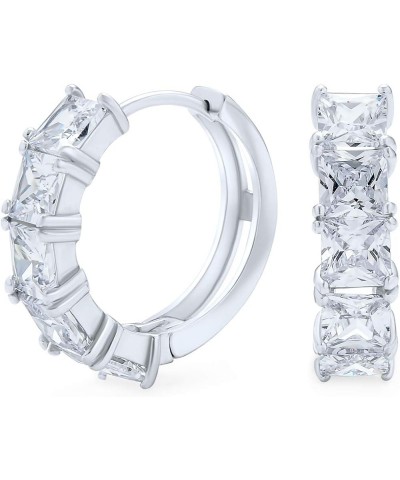 Bridal Classic Baguette Cut CZ Channel Set Kpop Huggie Hoop Earrings For Women Men Clear Cubic Zirconia .925 Sterling Silver ...