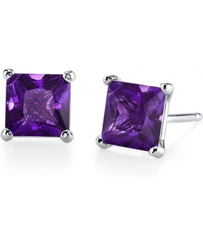 Solid 14K White Gold Amethyst Stud Earrings for Women, Genuine Gemstone Birthstone Classic Solitaire Princess Cut, 6mm, 2 Car...