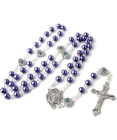 Glass Pearl Beads with Miraculous Epoxy Heart Metal Beads Rosary Necklace pack in Velvet Gift Bag with Rosary Pray Card Purpl...