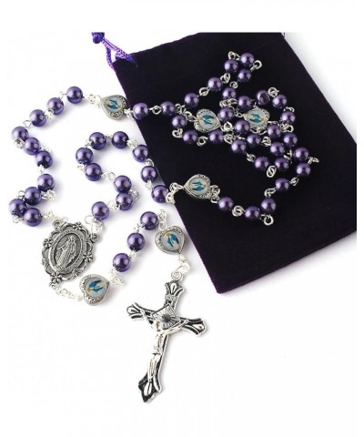 Glass Pearl Beads with Miraculous Epoxy Heart Metal Beads Rosary Necklace pack in Velvet Gift Bag with Rosary Pray Card Purpl...