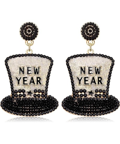 Beaded Happy New Year Earrings Beaded New Year Hat Drop Earrings for Women Girls Enamel New Year's Eve Christmas Festive Part...