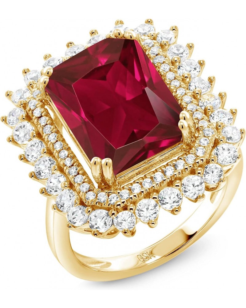 18K Yellow Gold Plated Silver Red Created Ruby Ring For Women (5.60 Cttw, Emerald Cut 14X10MM, Available In Size 5, 6, 7, 8, ...