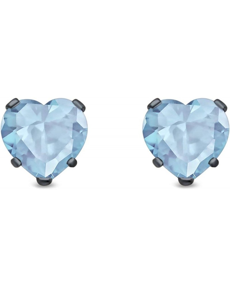 Heart Stud Earrings Simulated Cubic Zirconia 925 Sterling Silver (4mm-8mm) Black Tone, Simulated Aquamarine CZ 8.0 Millimeter...