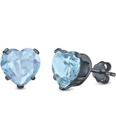 Heart Stud Earrings Simulated Cubic Zirconia 925 Sterling Silver (4mm-8mm) Black Tone, Simulated Aquamarine CZ 8.0 Millimeter...