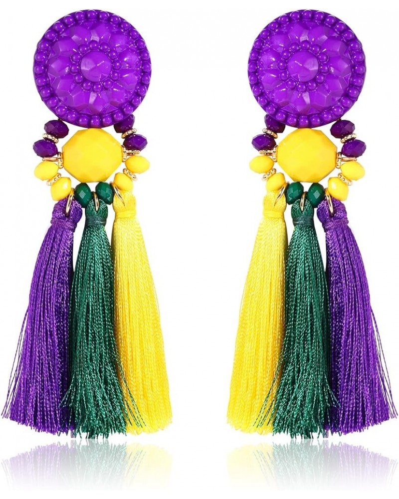 Bohemian Statement Thread Tassel Chandelier Drop Dangle Earrings with Cassandra Button Stud Mardi Gras $7.79 Earrings