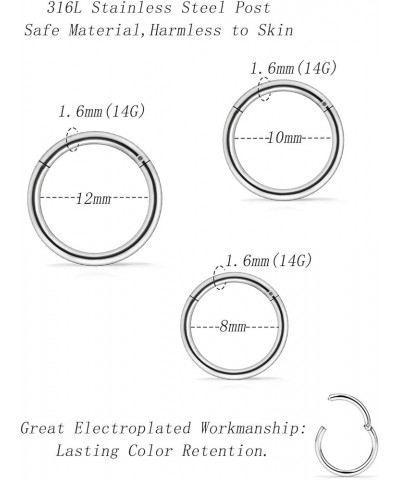 3 Pairs 18G 16G 14G Nose Rings Hoops 316l Surgical Steel Septum Jewelry Hinged Segment Clicker Ring Lip Ring Cartilage Tragus...