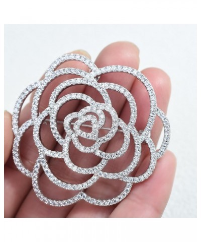 Sparkling Crystal Cut Rose Flower Pave Crystal Camellia Boutonniere Pin Brooch Corsage Blooming Heart Shaped Floral Jewelry f...