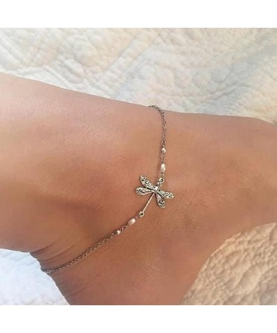 Vintage Silver Dragonfly Anklet With Pearl, Adjustable Dragonfly Ankle Link Chain Anklets Insect Jewelry Gifts Women Girls $7...