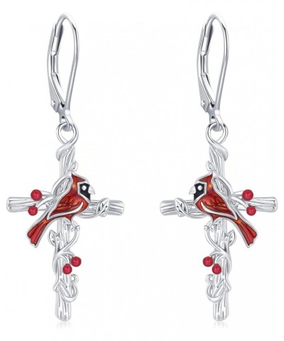 Cardinal Earrings 925 Sterling Silver Cross Cardinal Earrings Red Bird Earrings for Women Hypoallergenic Memorial Sympathy Ca...