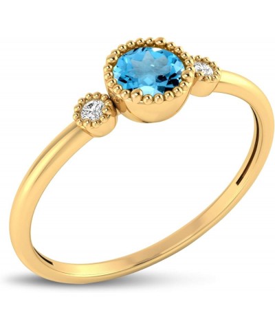 14K Genuine Yellow Gold Round Natural Gemstone and Diamond Milgrain Solitaire Ring Blue Topaz $130.50 Others