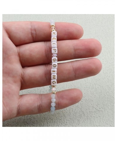 Natural Stone Bead Motivational Bracelet for Women, Micro Faceted Round Crystal Beads Keep Going Letter Friendship Bracelet, ...