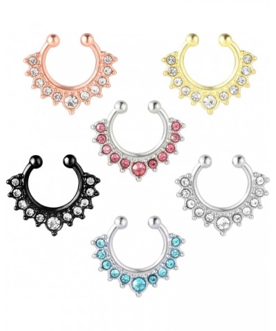 6Pcs Fake Septum Nose Hoop Fake Nose Ring Stainless Steel Fake Nose Piercing with Rhinestone Clip On Nose Ring Lip Non Pierci...