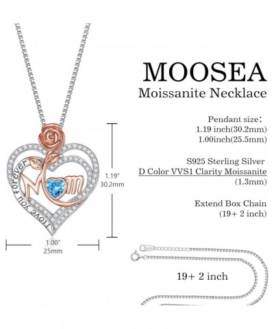 Mom Necklace for Women, Moissanite Diamond Side Stone Rose Heart Birthstone Necklace 18K White Gold Vermeil Interlocking Hear...