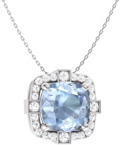 Natural and Certified Cushion Cut Gemstone and Diamond Halo Necklace in 14k White Gold | 0.79 Carat Pendant with Chain Aquama...