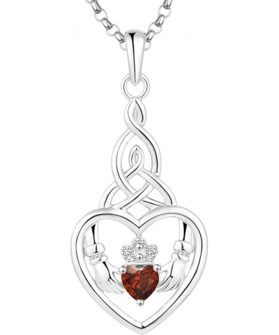 Women Necklace,925 Sterling Silver Irish Celtic Claddagh Love Heart Pendant Necklace with 5A Cubic Zirconia January,garnet Co...