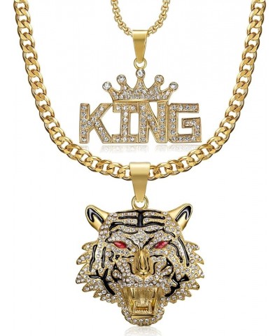 Hip Hop Tiger King Pendant Stainless Steel Layered Necklace for Men and Women, 2pcs 24'' 20'' 7mm 3mm Chain Punk Rock Couples...