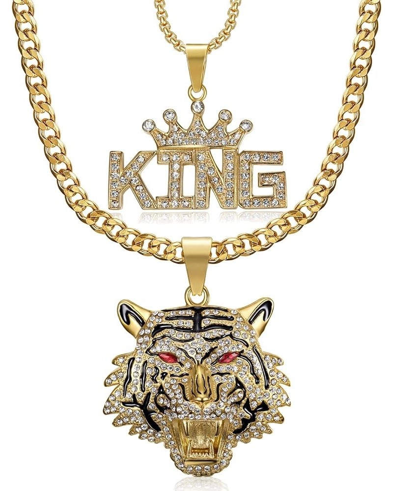 Hip Hop Tiger King Pendant Stainless Steel Layered Necklace for Men and Women, 2pcs 24'' 20'' 7mm 3mm Chain Punk Rock Couples...