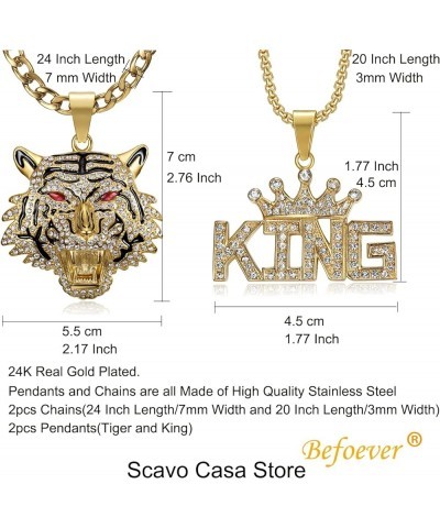 Hip Hop Tiger King Pendant Stainless Steel Layered Necklace for Men and Women, 2pcs 24'' 20'' 7mm 3mm Chain Punk Rock Couples...