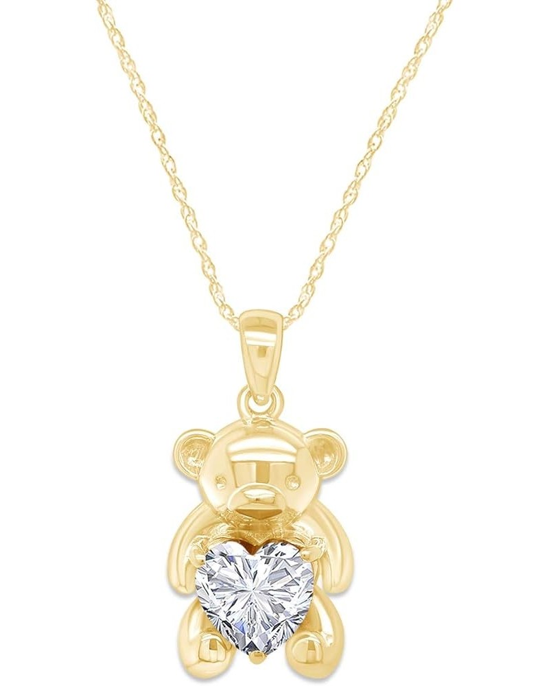 925 Sterling Silver Teddy Bear Pendant Necklace with Simulated Gemstone Love Heart Bear yellow-gold-plated-silver Cubic Zirco...