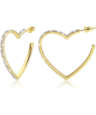 Heart Hoop Earrings 40mm Open Gold Heart Earrings Cubic Zirconia Hoop Earrings 14k Gold Plated Bridal Earrings for Wedding Li...