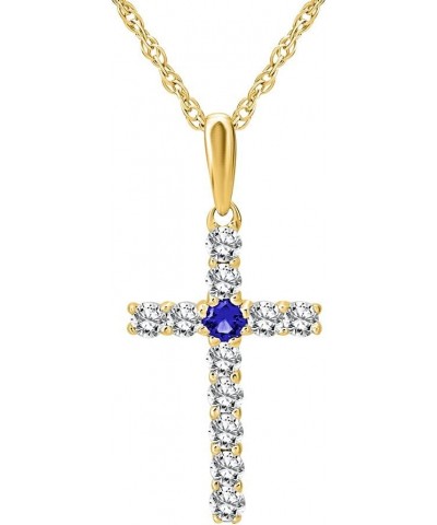 14K Gold Diamond and Created Blue Sapphire Cross Pendant with Sterling Silver Rope Chain Necklace (1/4 cttw, I-J Color, I2-I3...