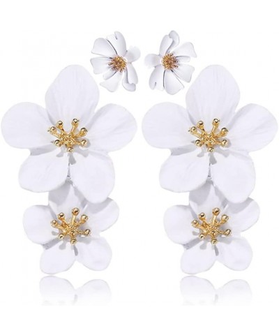 Large Metal Double Flower Matt Earring Chic Statement Dangle Drop Wedding Earrings For Women White $6.09 Earrings