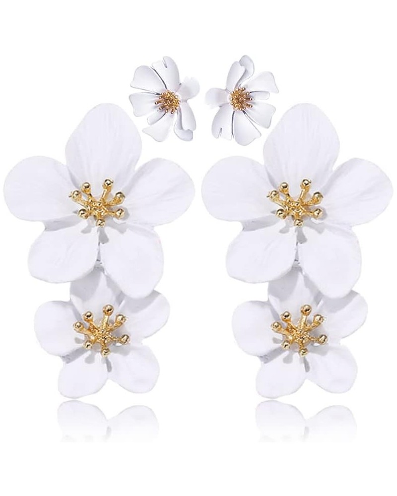 Large Metal Double Flower Matt Earring Chic Statement Dangle Drop Wedding Earrings For Women White $6.09 Earrings