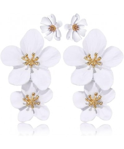 Large Metal Double Flower Matt Earring Chic Statement Dangle Drop Wedding Earrings For Women White $6.09 Earrings