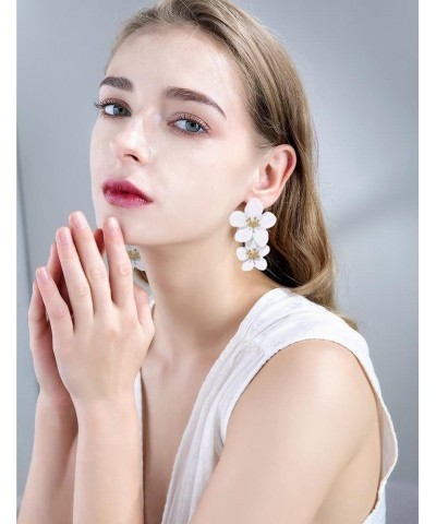 Large Metal Double Flower Matt Earring Chic Statement Dangle Drop Wedding Earrings For Women White $6.09 Earrings