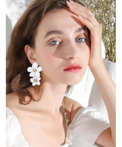 Large Metal Double Flower Matt Earring Chic Statement Dangle Drop Wedding Earrings For Women White $6.09 Earrings