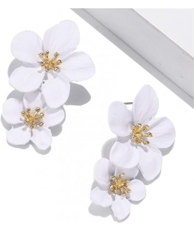 Large Metal Double Flower Matt Earring Chic Statement Dangle Drop Wedding Earrings For Women White $6.09 Earrings