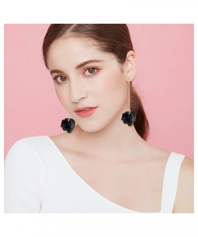 Dangle Acrylic Petal Tassel Fringe Chain Earrings Long Drop Rose Flower Statement Earrings for Women and Girls With Box Black...