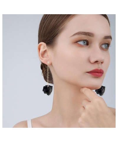 Dangle Acrylic Petal Tassel Fringe Chain Earrings Long Drop Rose Flower Statement Earrings for Women and Girls With Box Black...