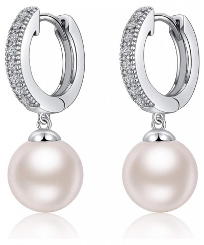 18K White Gold Plated Pearl Earrings for Women, 925 Sterling Silver Pearl Diamond Earrings Leverback, CZ Diamond Pearl Earrin...