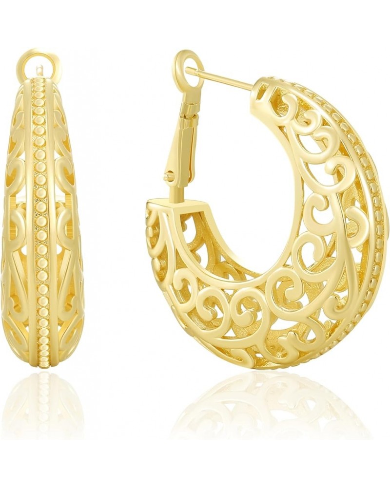 Gold Filigree Earrings for Women | 18K Gold Plated Hollow Out Link Mesh Braided Filigree Hoop Earrings 8 $8.09 Earrings