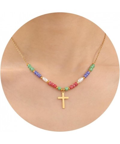 Multicolor Glass Beaded Corss Necklaces for Women Girls Dainty Gold Cross Necklaces for Women Trendy Cross Pendant Necklace J...